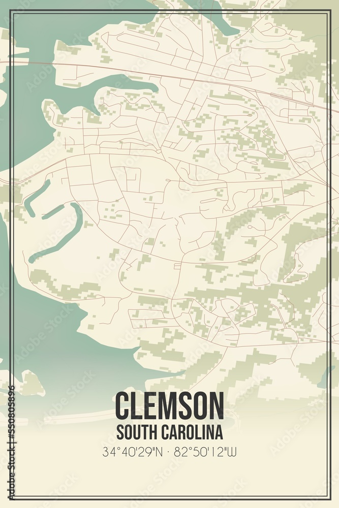 Retro US city map of Clemson, South Carolina. Vintage street map.