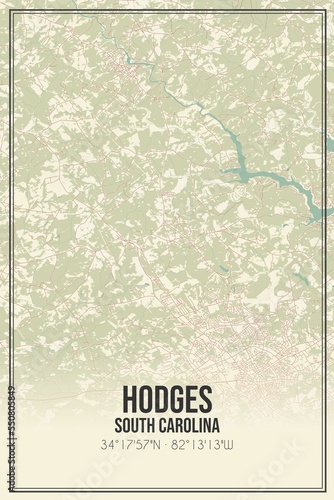 Retro US city map of Hodges, South Carolina. Vintage street map. photo