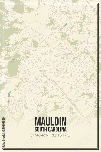 Retro US city map of Mauldin, South Carolina. Vintage street map. © Rezona