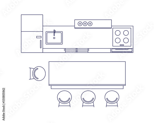 Kitchen set, dining table, chairs, top view. Home room for eating, cooking overhead. Interior design with furniture layout. Contoured outlined flat vector illustration isolated on white background