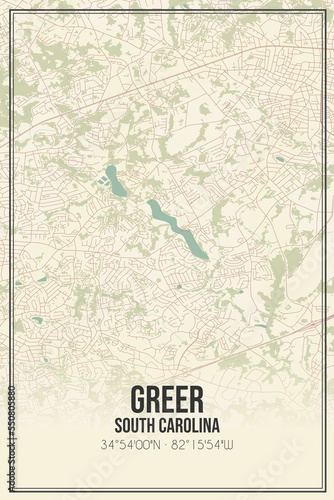 Retro US city map of Greer  South Carolina. Vintage street map.