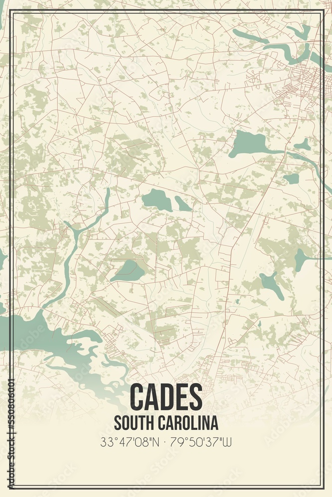 Retro US city map of Cades, South Carolina. Vintage street map.
