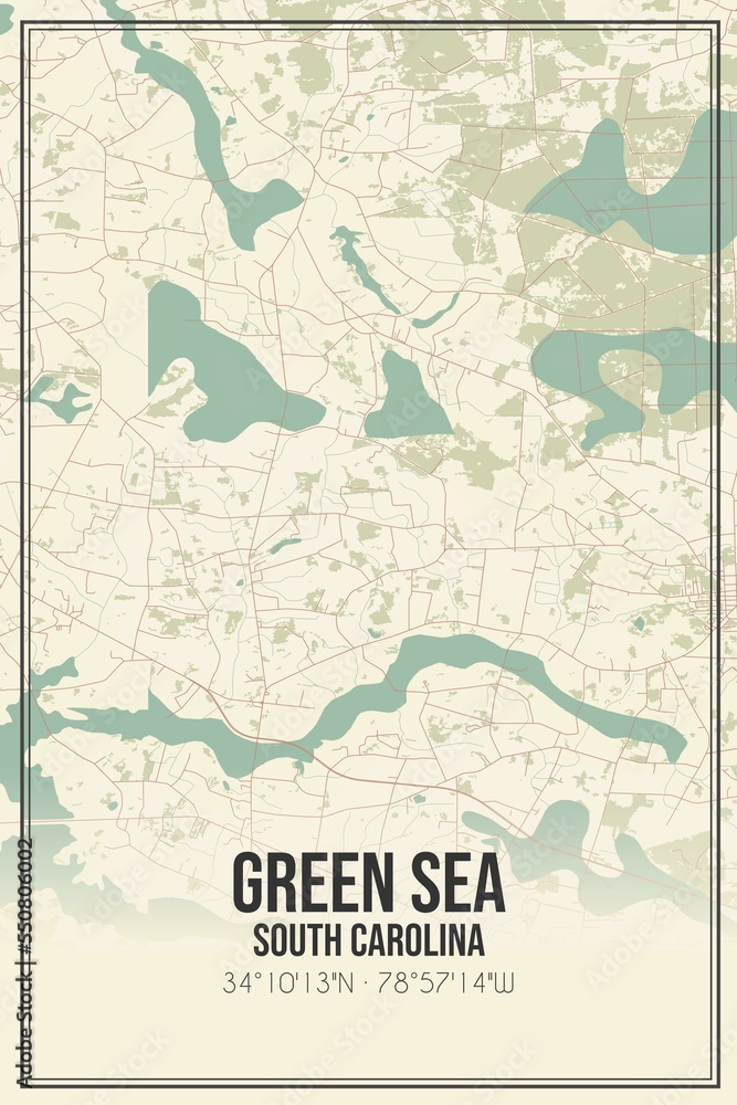 Obraz premium Retro US city map of Green Sea, South Carolina. Vintage street map.