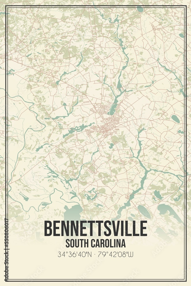 Retro US city map of Bennettsville, South Carolina. Vintage street map.