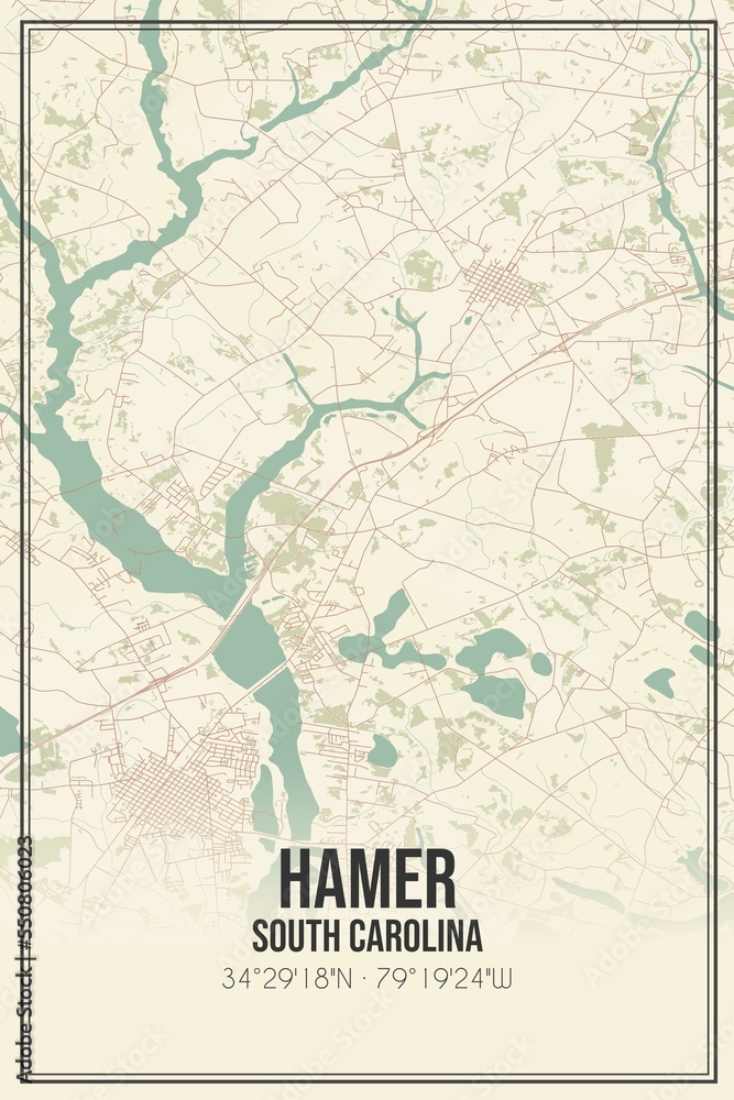 Fototapeta premium Retro US city map of Hamer, South Carolina. Vintage street map.