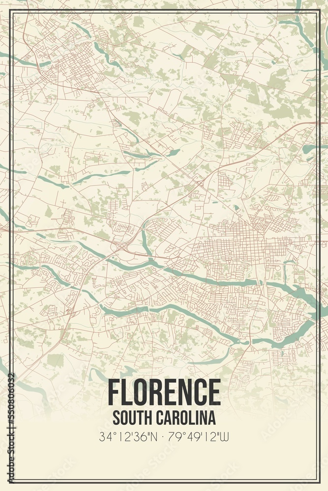 Retro US city map of Florence, South Carolina. Vintage street map.