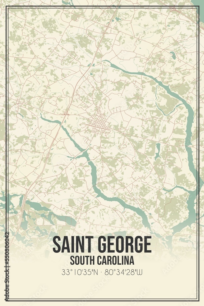 Retro US city map of Saint George, South Carolina. Vintage street map.