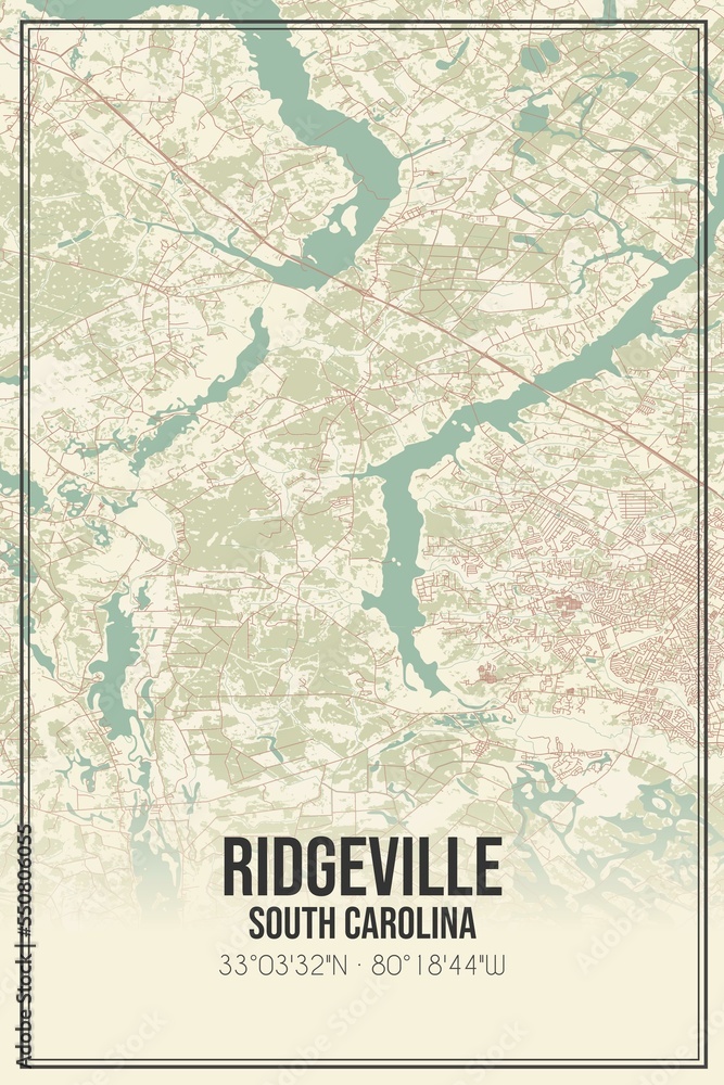 Retro US city map of Ridgeville, South Carolina. Vintage street map.