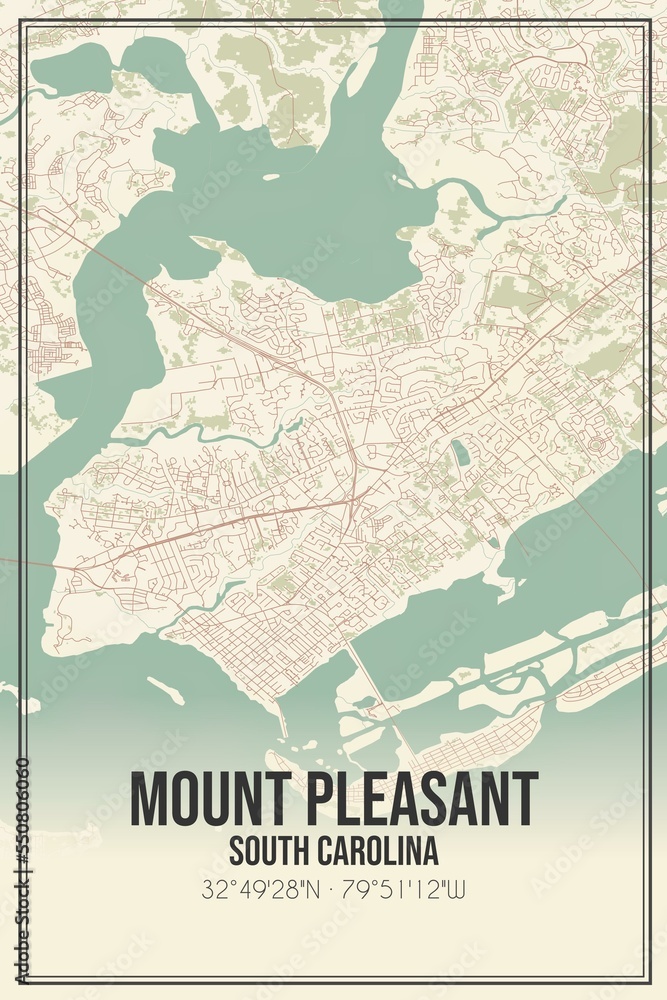 Fototapeta premium Retro US city map of Mount Pleasant, South Carolina. Vintage street map.