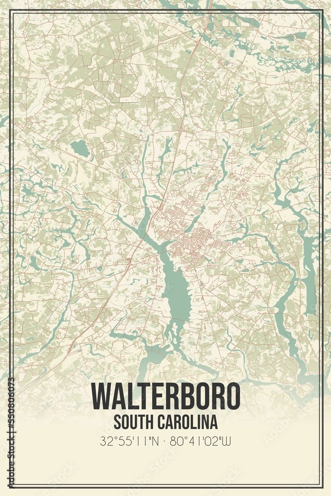 Retro US city map of Walterboro, South Carolina. Vintage street map.