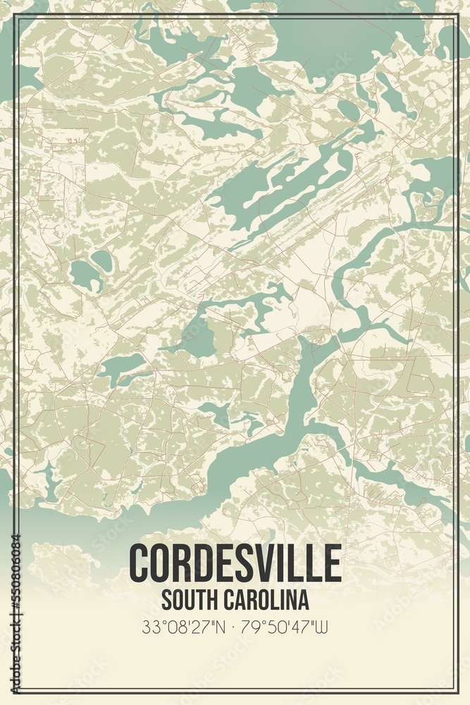 Retro US city map of Cordesville, South Carolina. Vintage street map.