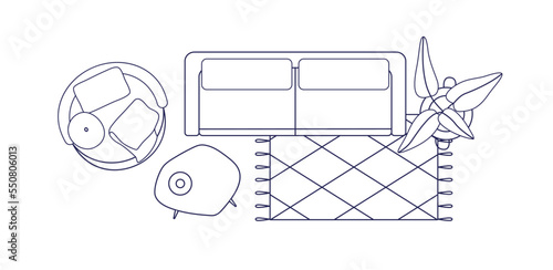 Sofa and armchair in living room interior design, top view. Overhead furniture, coffee table, couch with cushions from above. Outlined contoured flat vector illustration isolated on white background