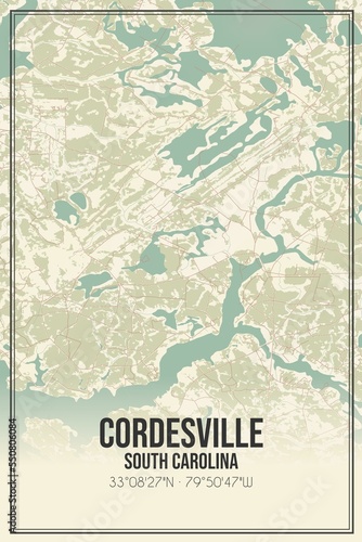 Retro US city map of Cordesville  South Carolina. Vintage street map.