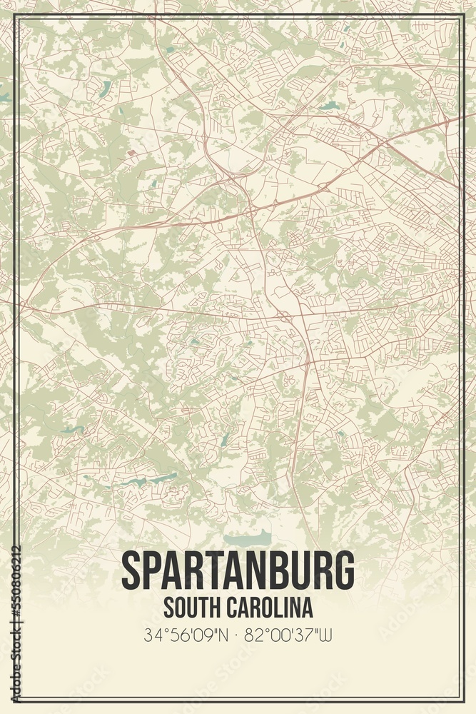 Retro US city map of Spartanburg, South Carolina. Vintage street map.