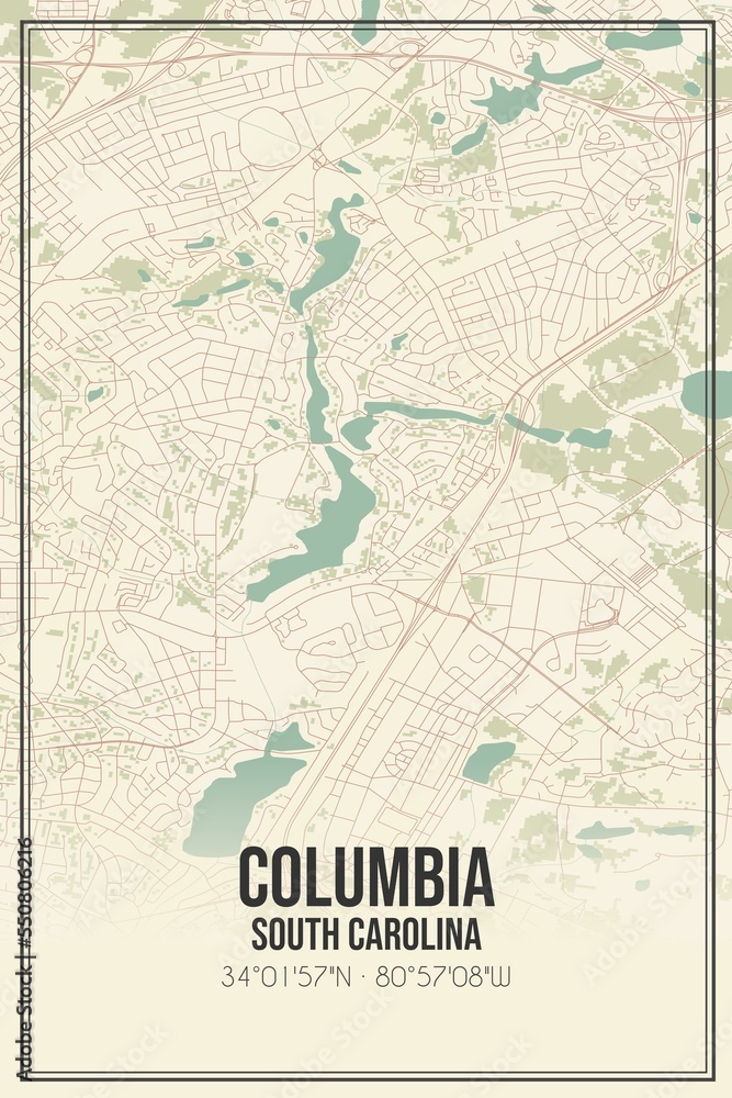 Retro US city map of Columbia, South Carolina. Vintage street map.