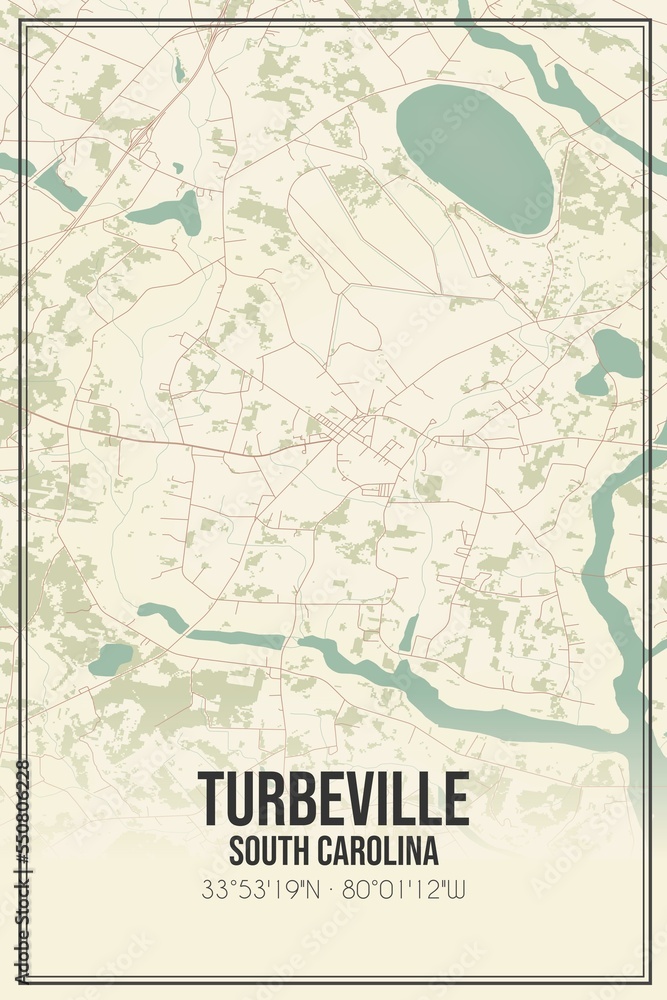 Retro US city map of Turbeville, South Carolina. Vintage street map.