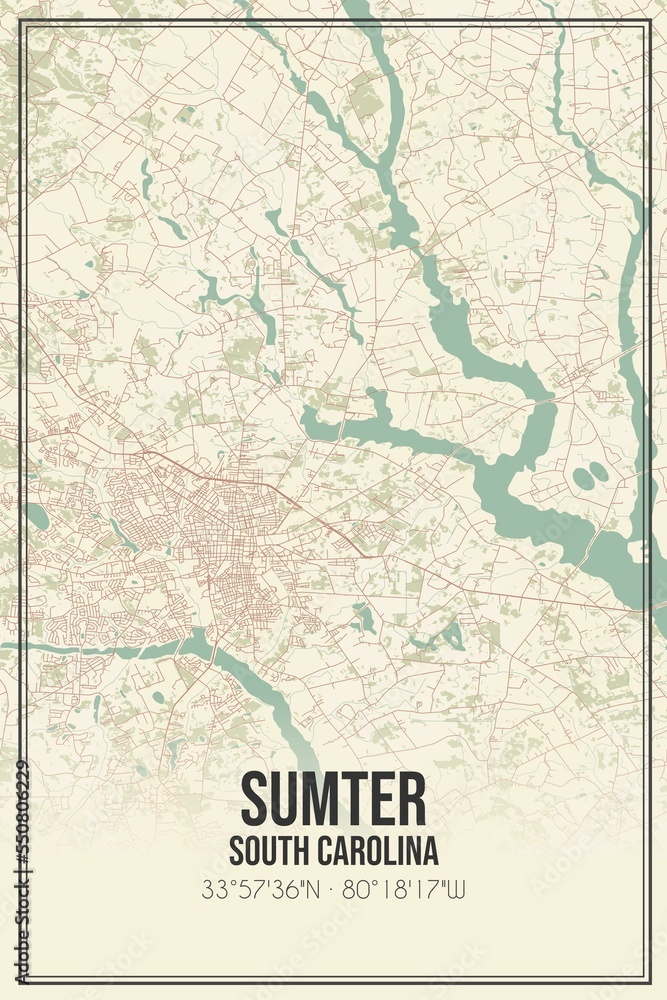 Retro US city map of Sumter, South Carolina. Vintage street map.