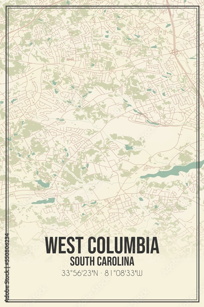 Retro US city map of West Columbia, South Carolina. Vintage street map.