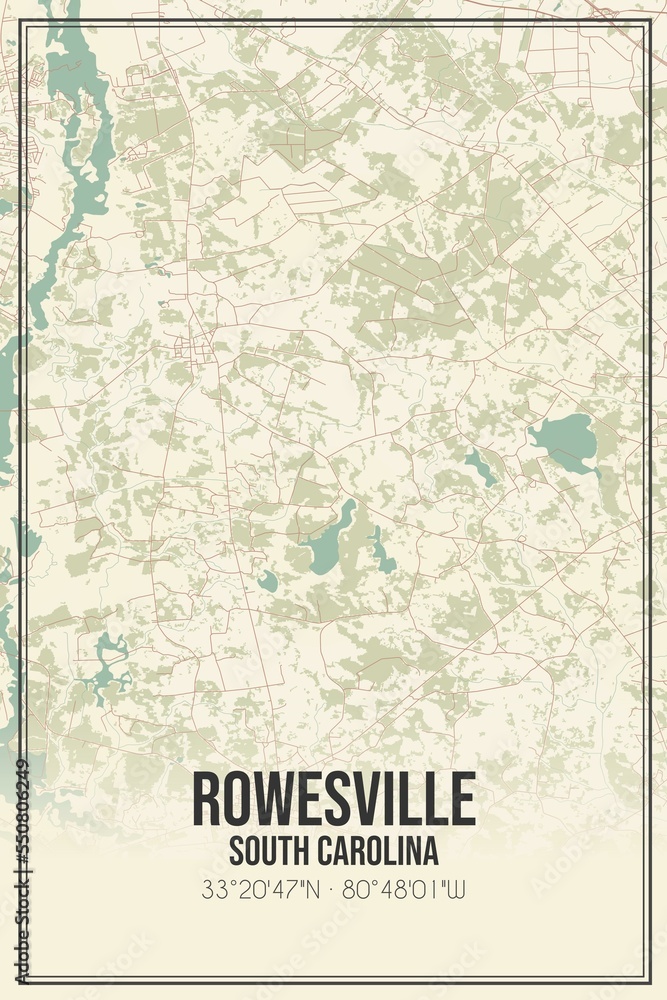 Retro US city map of Rowesville, South Carolina. Vintage street map.