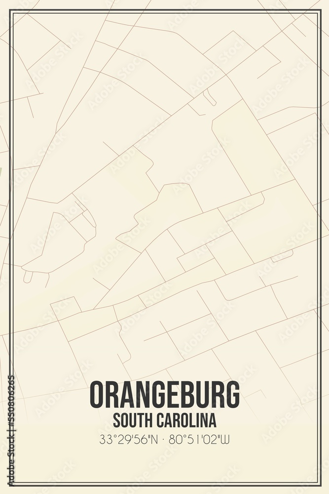 Retro US city map of Orangeburg, South Carolina. Vintage street map.
