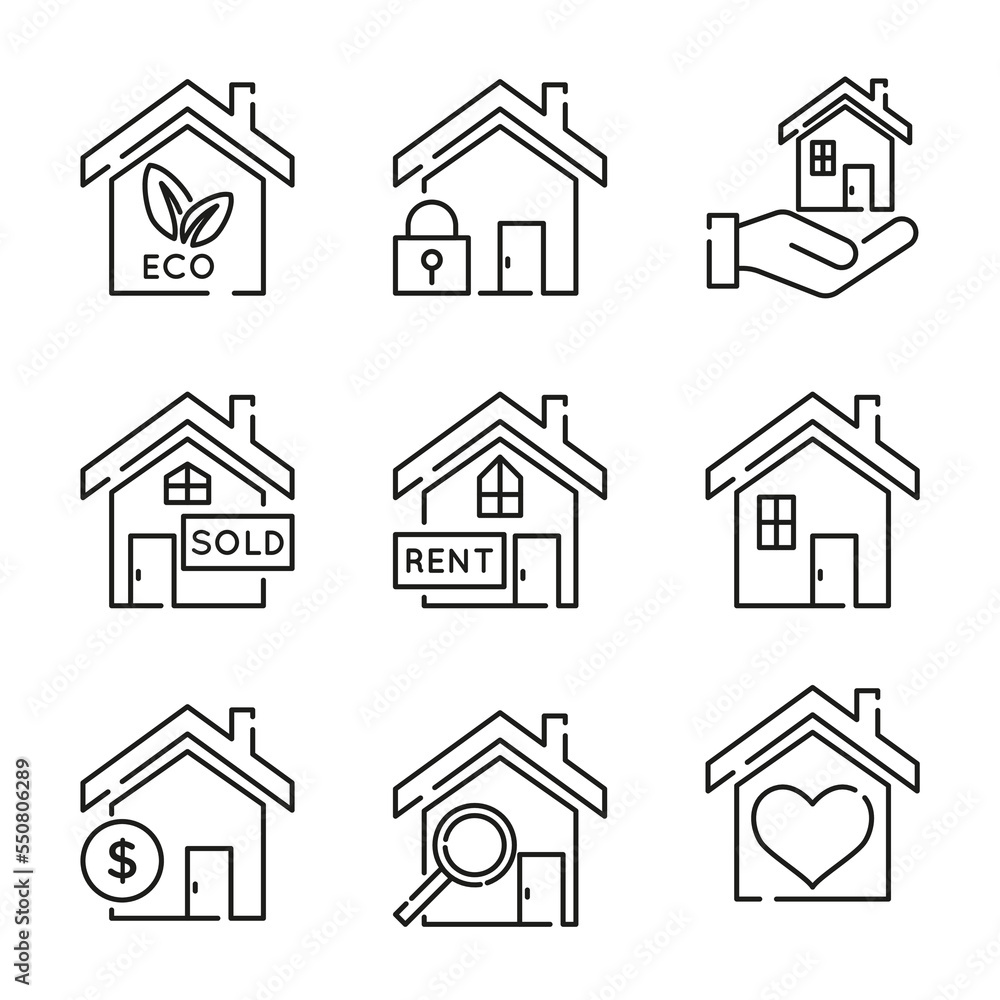 Set of vector thin line home icon. Collection of symbols of houses for sale, rent, search. Editable stroke.