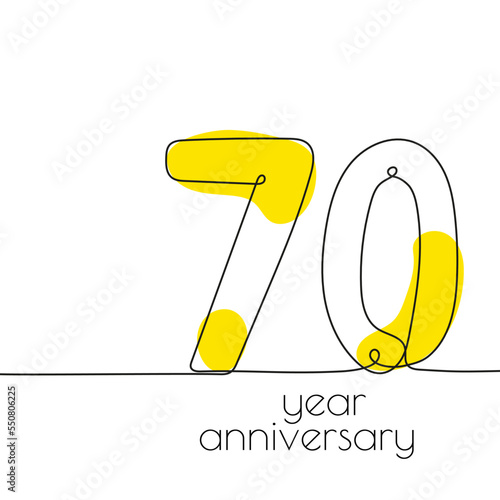 70 year anniversary. Vector illustration 70th hand drawn with continuous line.