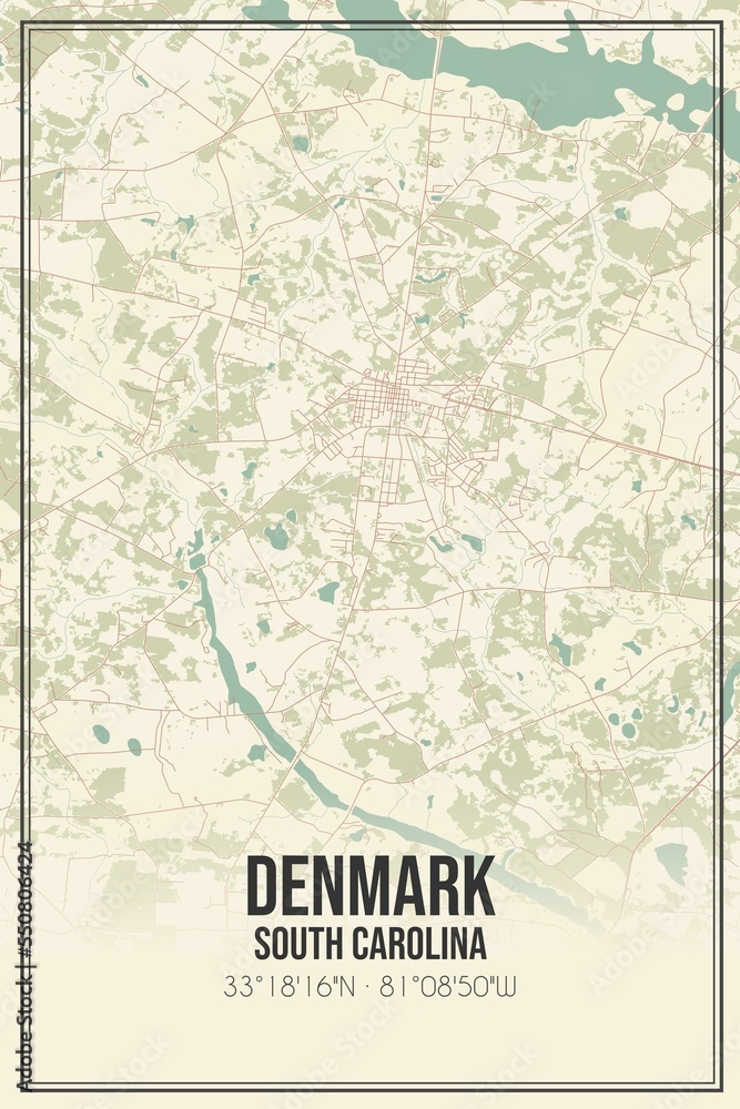 Fototapeta premium Retro US city map of Denmark, South Carolina. Vintage street map.