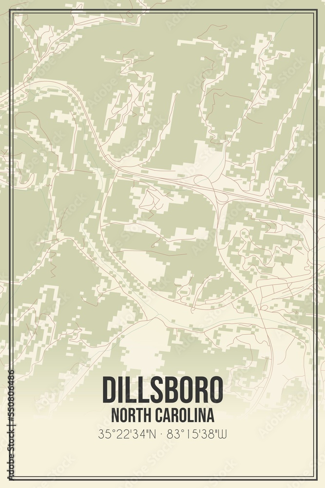 Retro US city map of Dillsboro, North Carolina. Vintage street map.