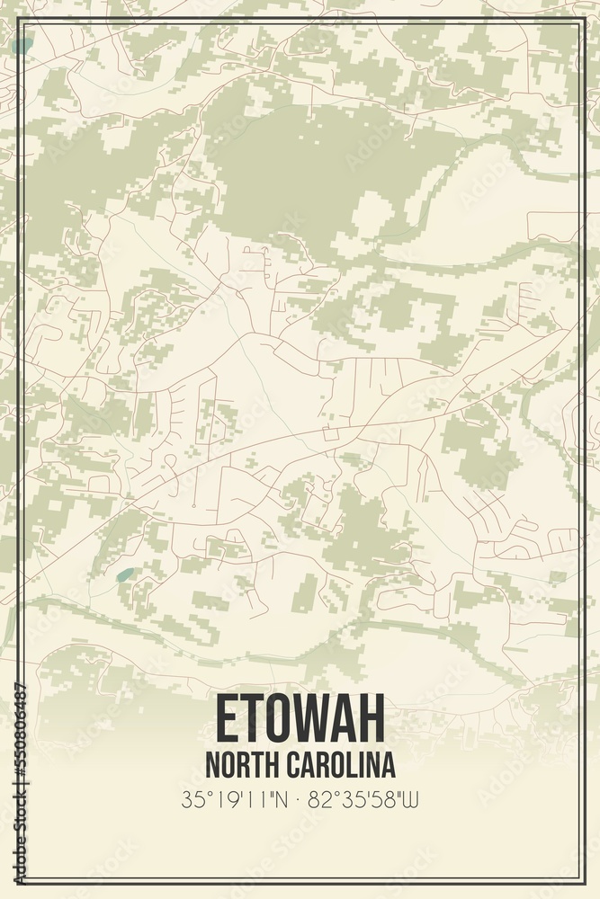 Retro US city map of Etowah, North Carolina. Vintage street map.