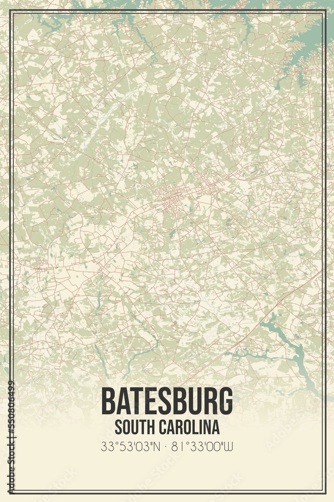 Retro US city map of Batesburg, South Carolina. Vintage street map.