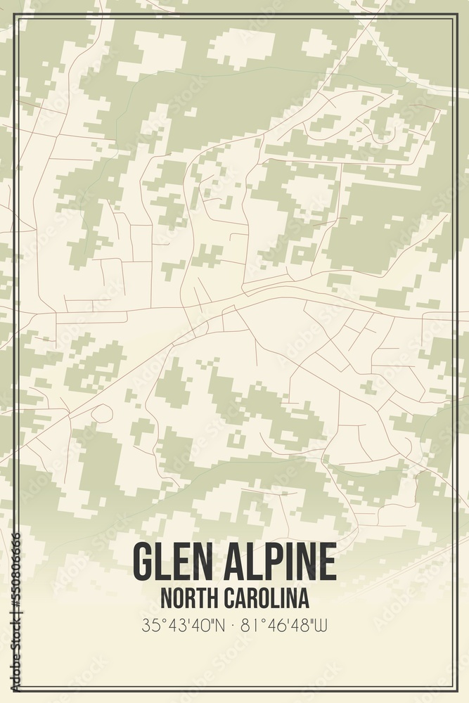 Retro US city map of Glen Alpine, North Carolina. Vintage street map.