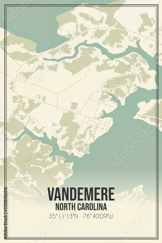 Retro US city map of Vandemere  North Carolina. Vintage street map.