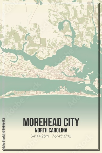Retro US city map of Morehead City, North Carolina. Vintage street map.