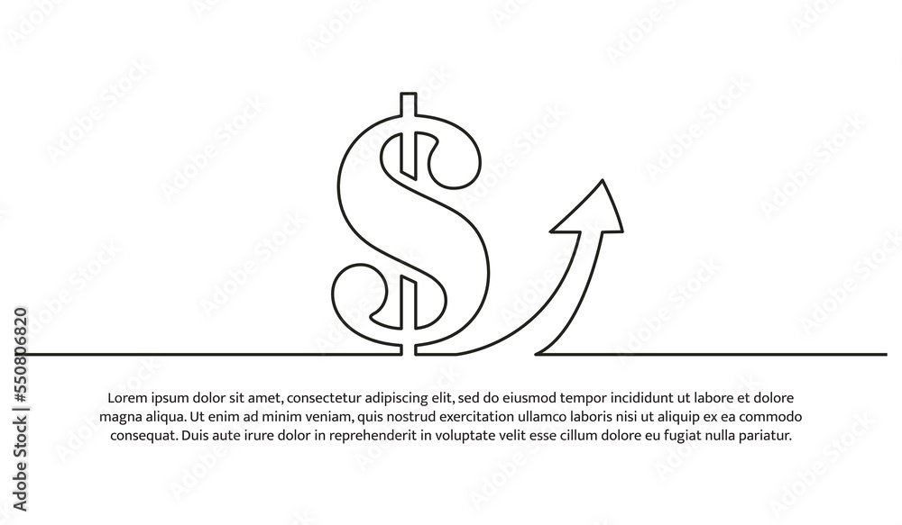 Simple continuous line design of money and up arrow. Economy and finance design concept. Decorative elements drawn on a white background. Simple continuous line design of money and up arrow. Economy and finance design concept. Decorative elements drawn on a white background.
