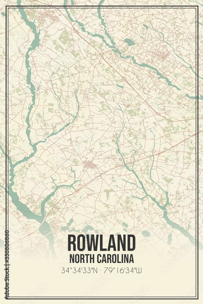 Retro US city map of Rowland, North Carolina. Vintage street map.