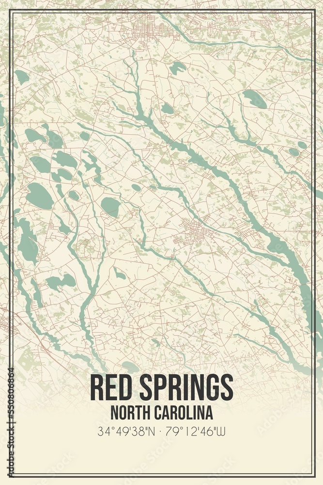 Retro US city map of Red Springs, North Carolina. Vintage street map.