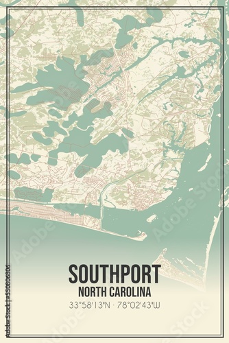 Retro US city map of Southport, North Carolina. Vintage street map. photo