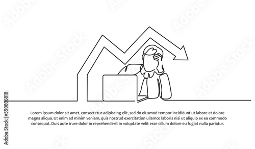 Simple continuous line design of stressed young businessman. Decrease in business profits, work pressure. Decorative elements drawn on a white background.