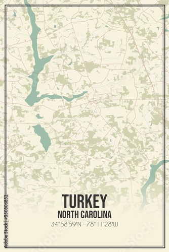 Retro US city map of Turkey  North Carolina. Vintage street map.