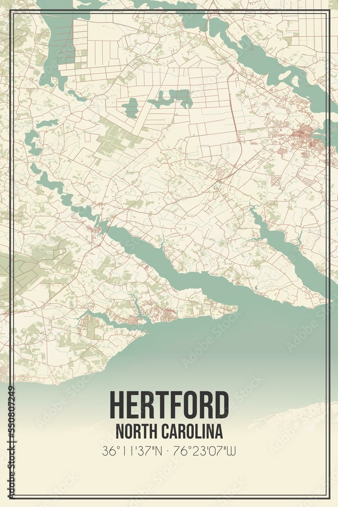 Retro US city map of Hertford, North Carolina. Vintage street map.