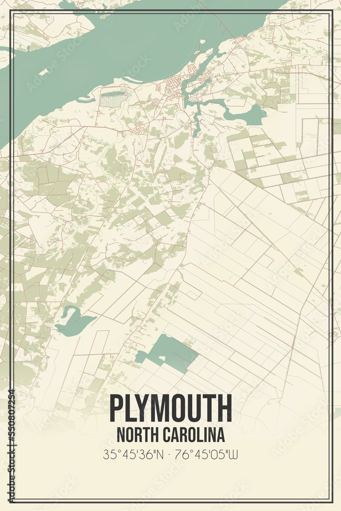 Fototapeta premium Retro US city map of Plymouth, North Carolina. Vintage street map.
