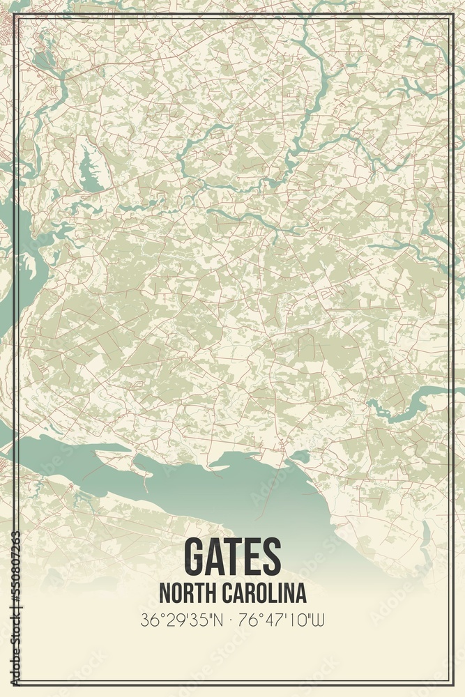 Retro US city map of Gates, North Carolina. Vintage street map.