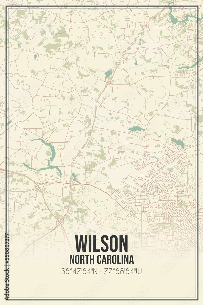Retro US city map of Wilson, North Carolina. Vintage street map.