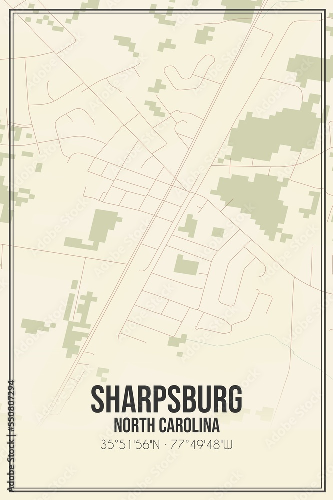 Retro US city map of Sharpsburg, North Carolina. Vintage street map.