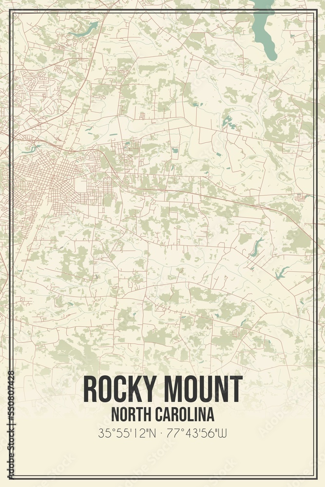 Retro US city map of Rocky Mount, North Carolina. Vintage street map.