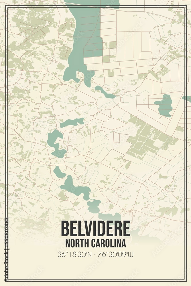 Retro US city map of Belvidere, North Carolina. Vintage street map.