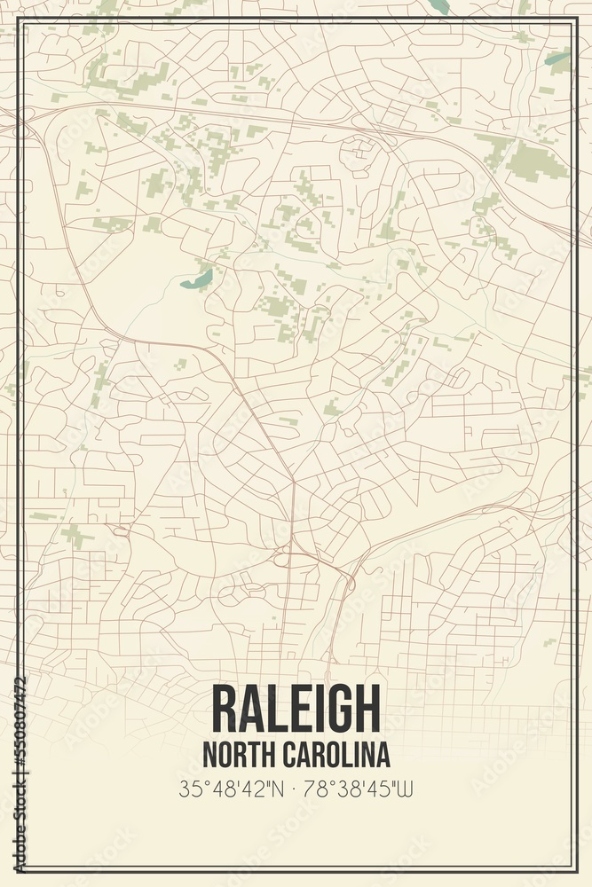 Retro US city map of Raleigh, North Carolina. Vintage street map.