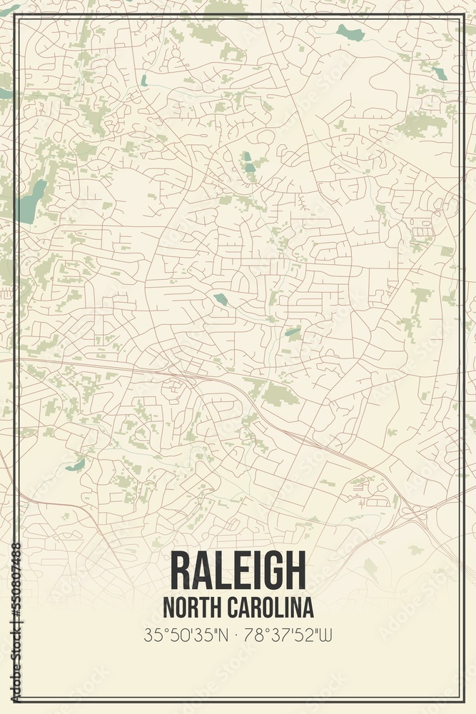 Retro US city map of Raleigh, North Carolina. Vintage street map.