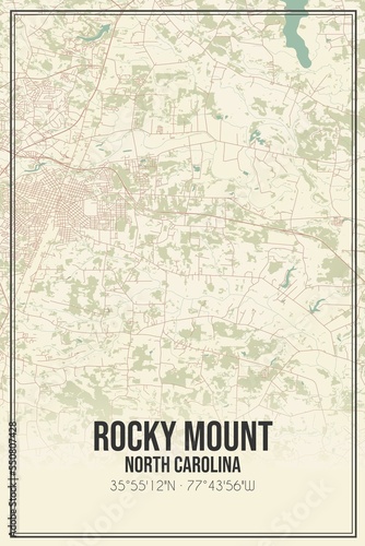 Retro US city map of Rocky Mount  North Carolina. Vintage street map.