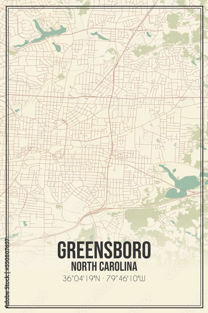 Retro US city map of Greensboro, North Carolina. Vintage street map.